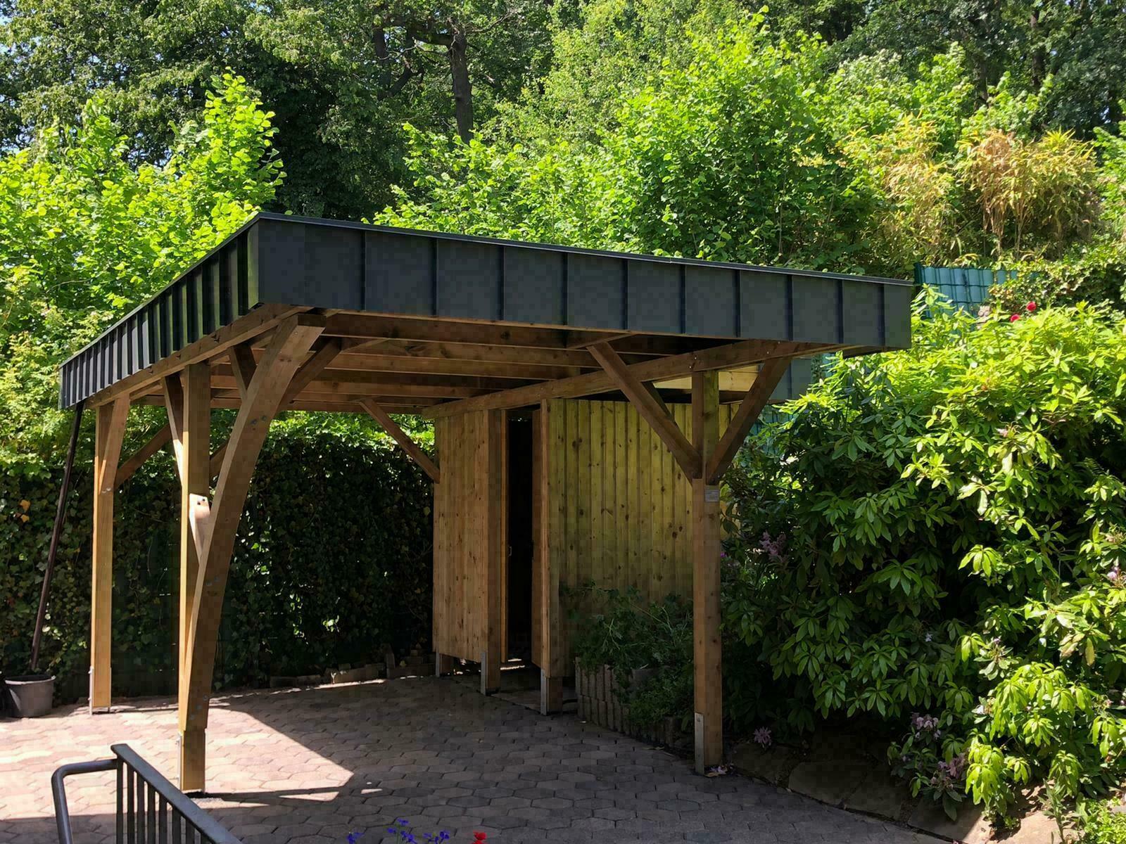 Nürburgring normale Ausführung in kesseldruckimprägniert grün, mit Leimholzbogen, Attika-Blende und seitlichem Abstellraum